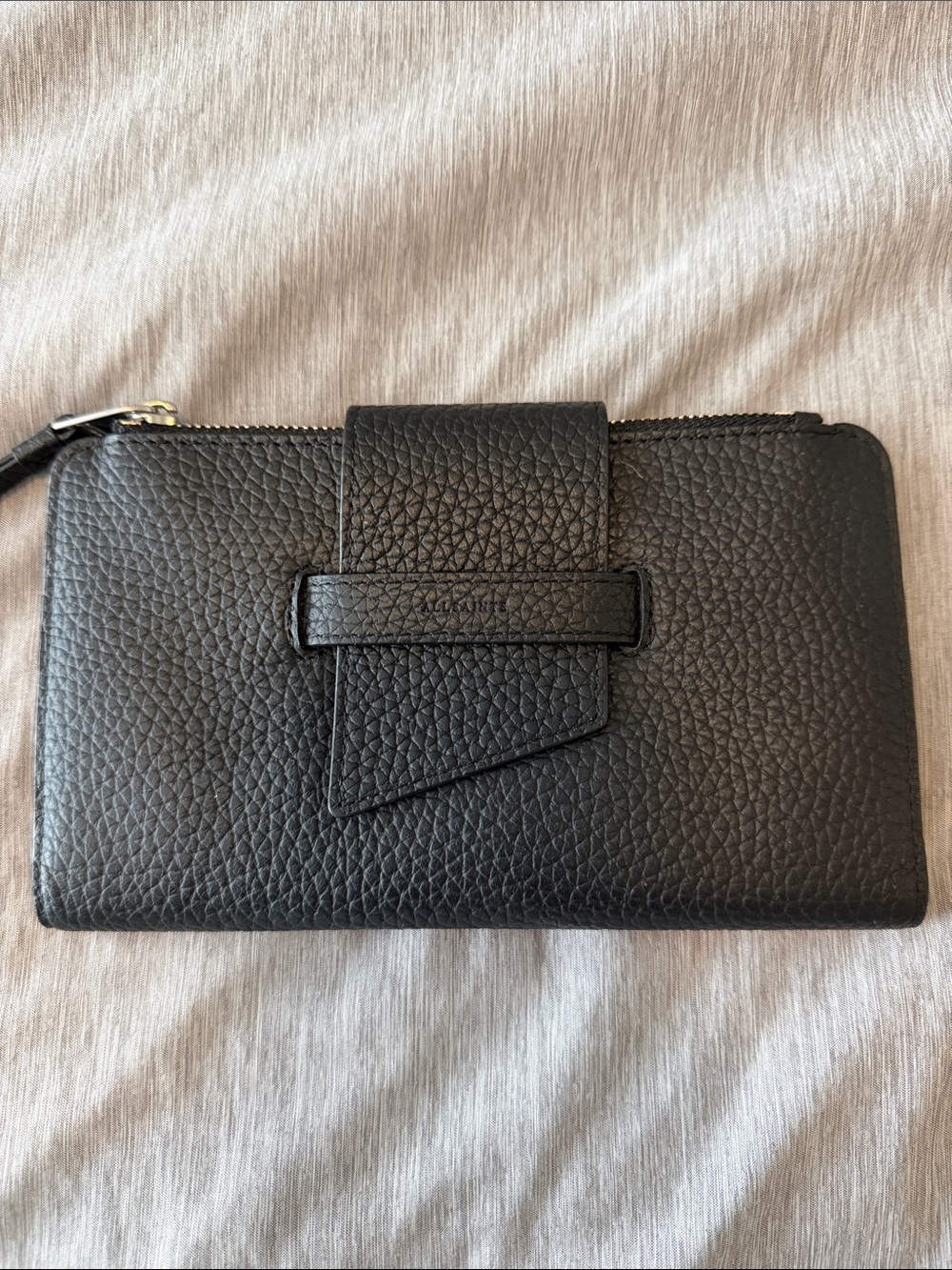 AllSaints Black Pebbled Leather Zip Wallet with Strap Accent